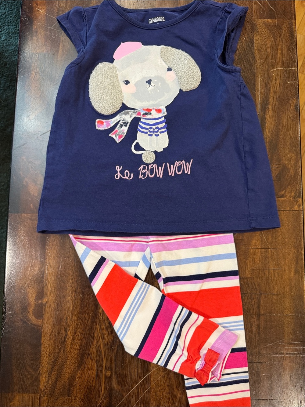 Gymboree Navy Dog Graphic Top with Multi-Stripe Pink & Red Leggings Set